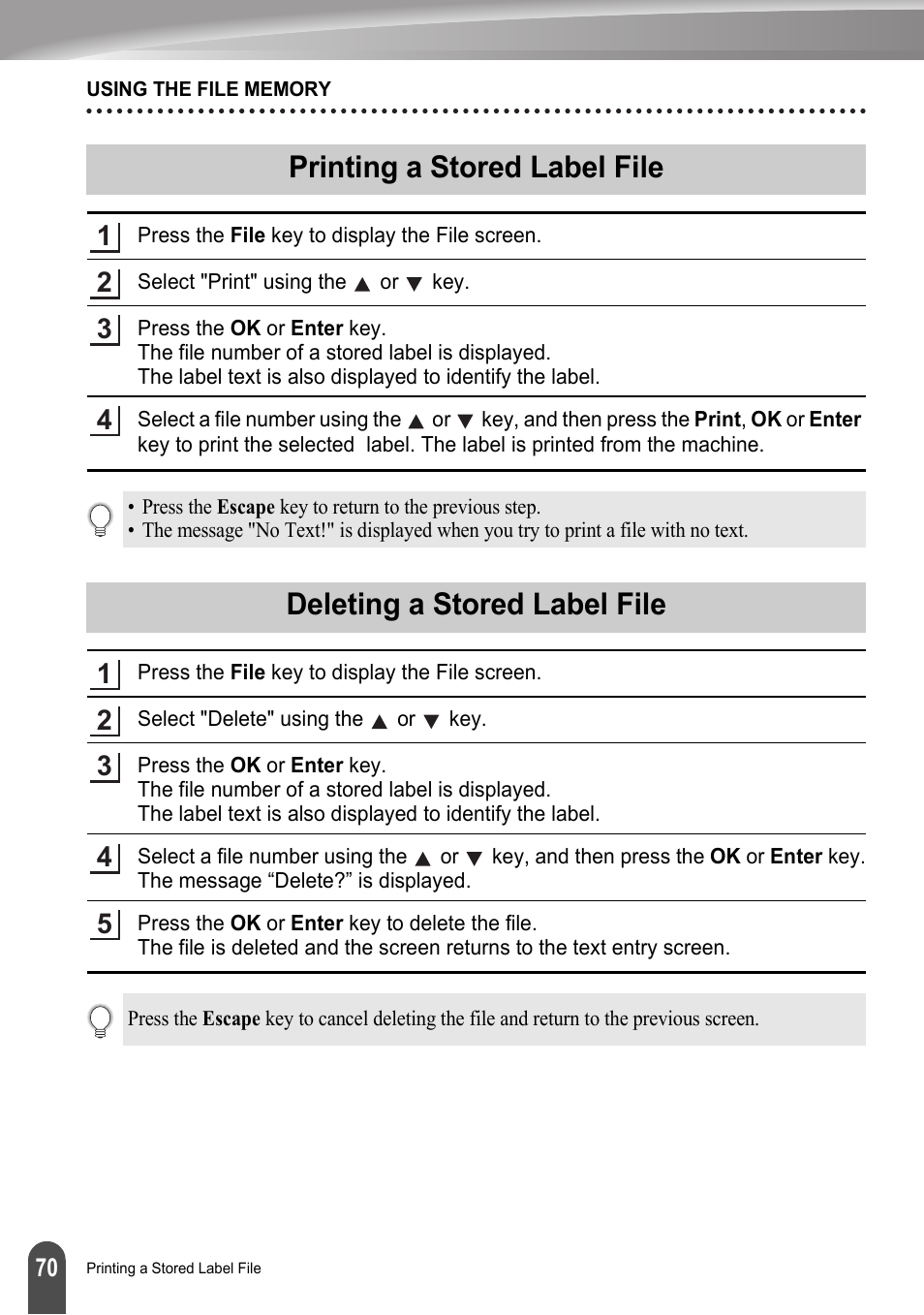 Printing a stored label file, Deleting a stored label file | Brother LW6091001 User Manual | Page 74 / 84