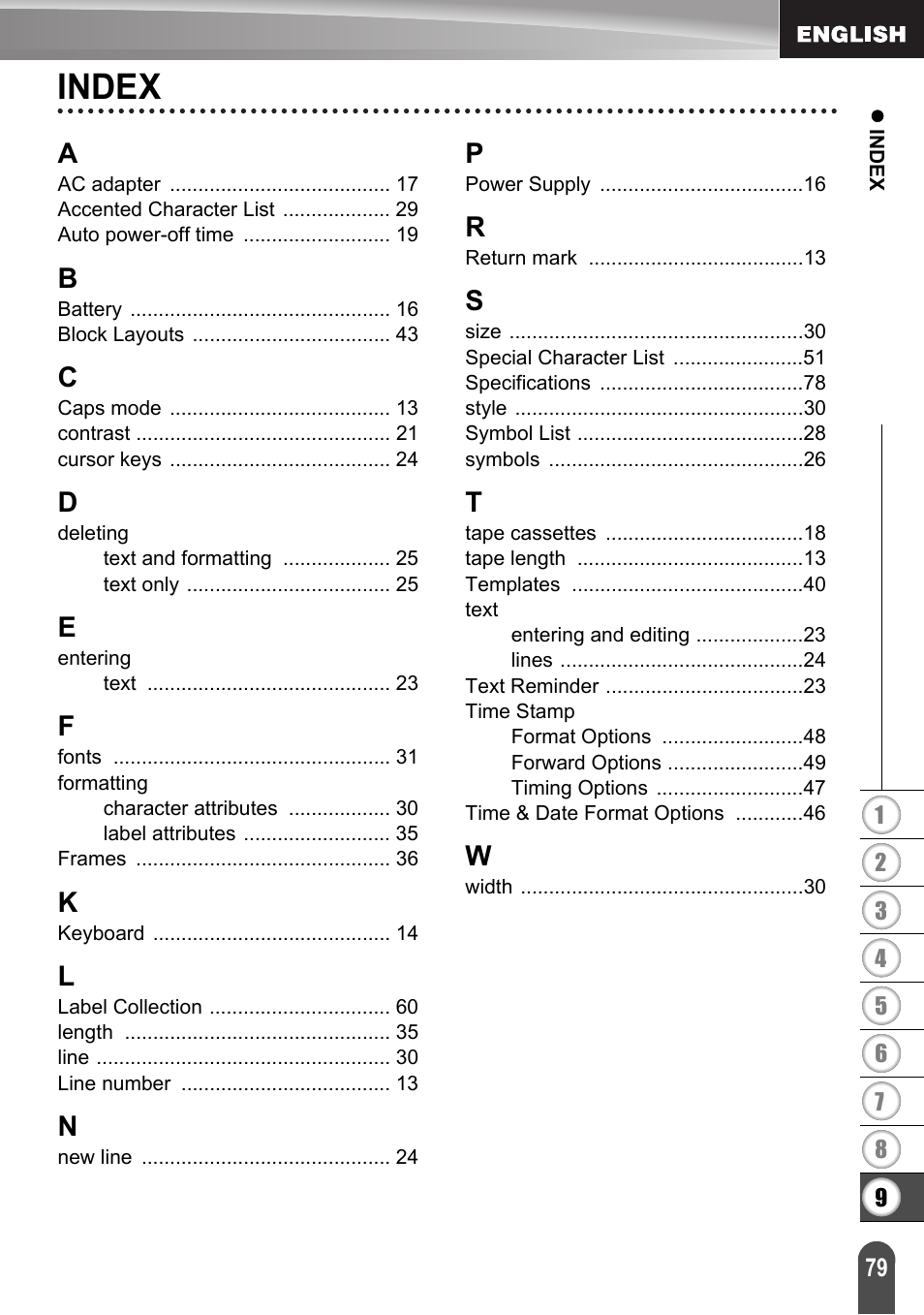 Index | Brother LW6091001 User Manual | Page 83 / 84