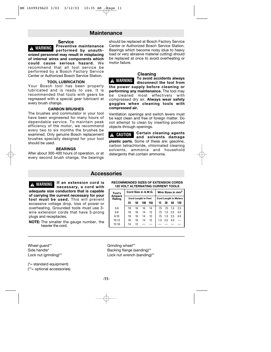 Accessories, Maintenance, Warning | Service, Cleaning, Caution | Bosch 1752 User Manual | Page 11 / 32
