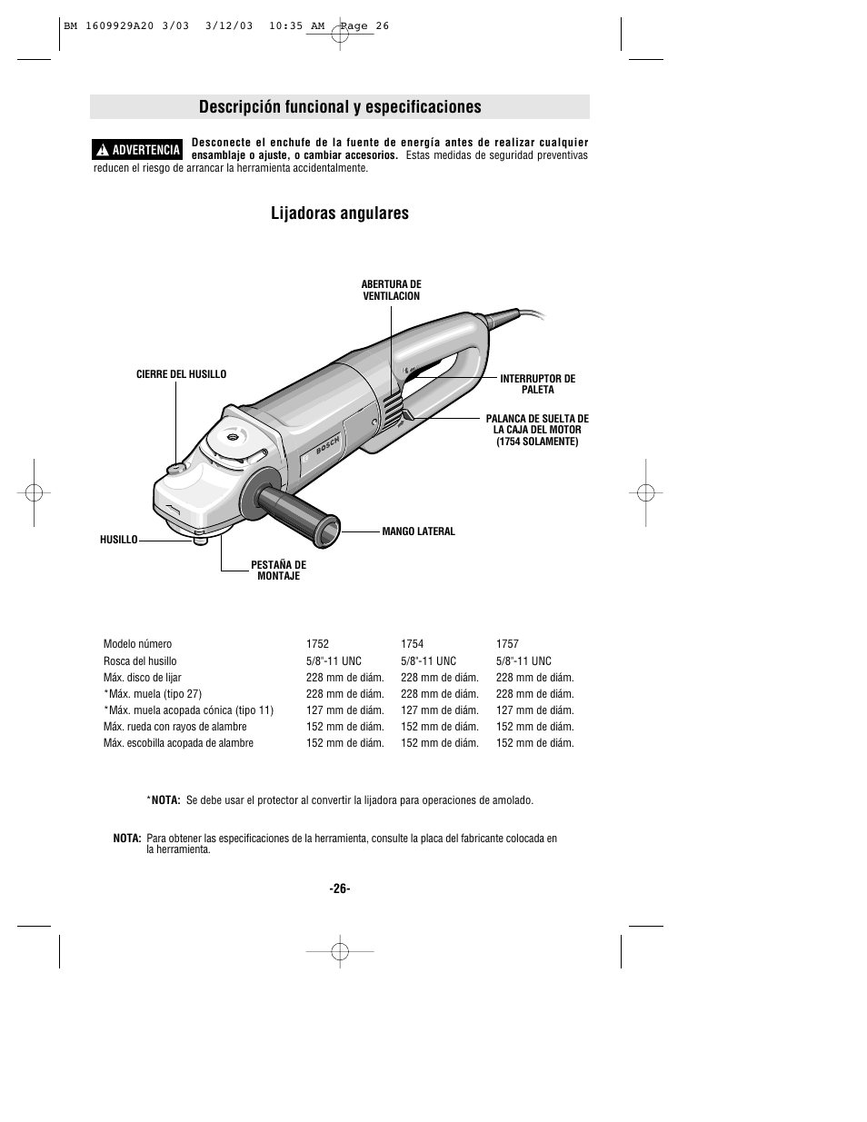 Descripción funcional y especificaciones, Lijadoras angulares | Bosch 1752 User Manual | Page 26 / 32
