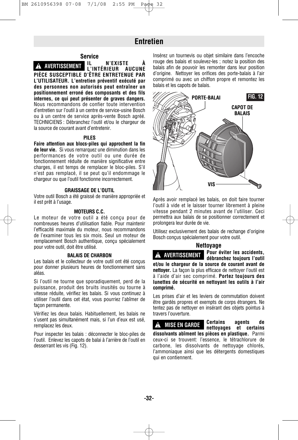 Entretien | Bosch 37614 User Manual | Page 32 / 52