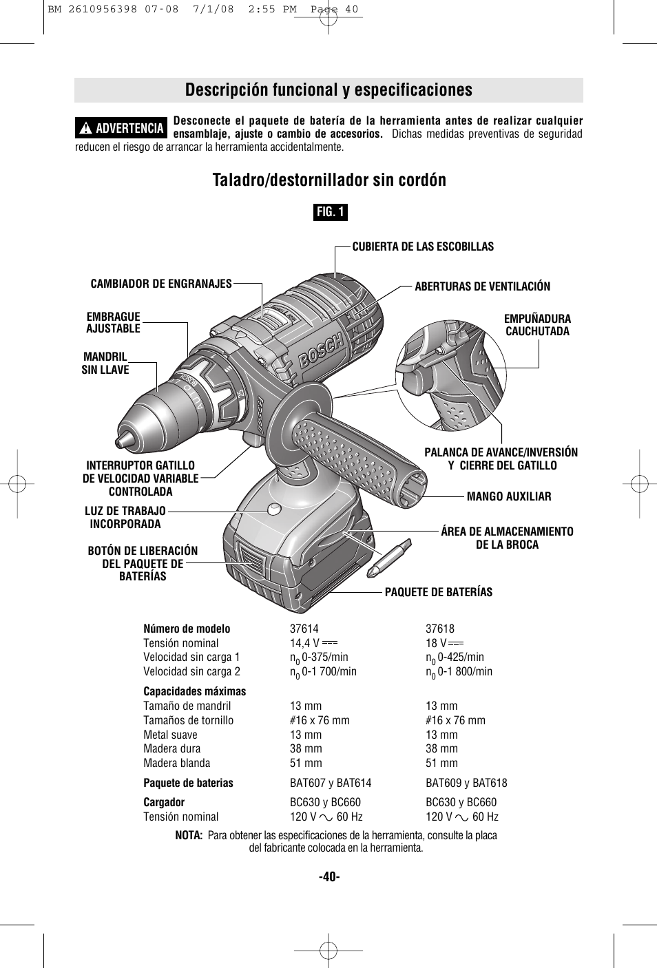 Descripción funcional y especificaciones, Taladro/destornillador sin cordón | Bosch 37614 User Manual | Page 40 / 52