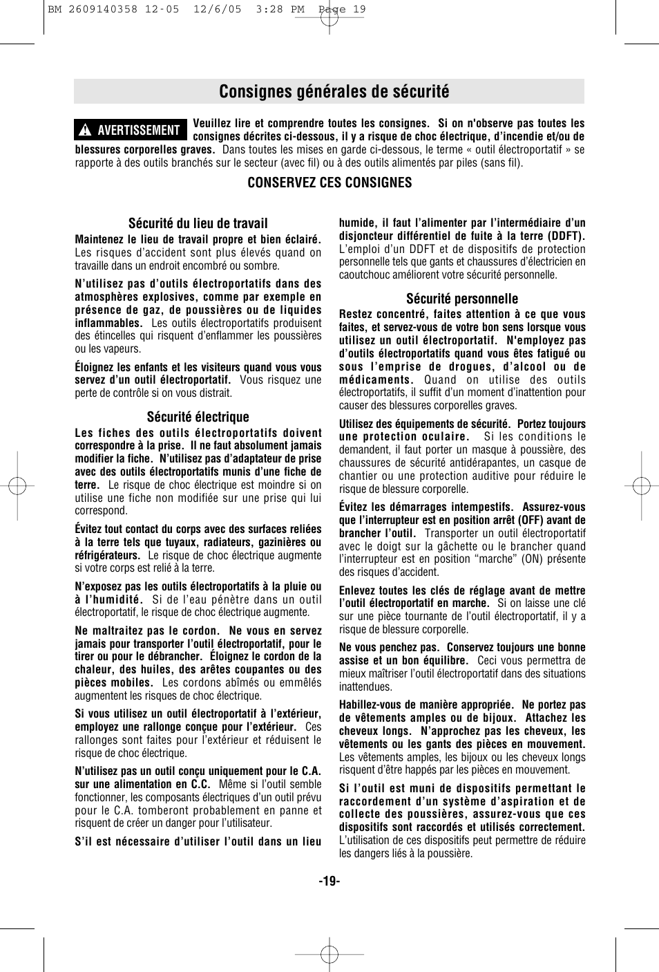 Consignes générales de sécurité | Bosch 23618 User Manual | Page 19 / 56