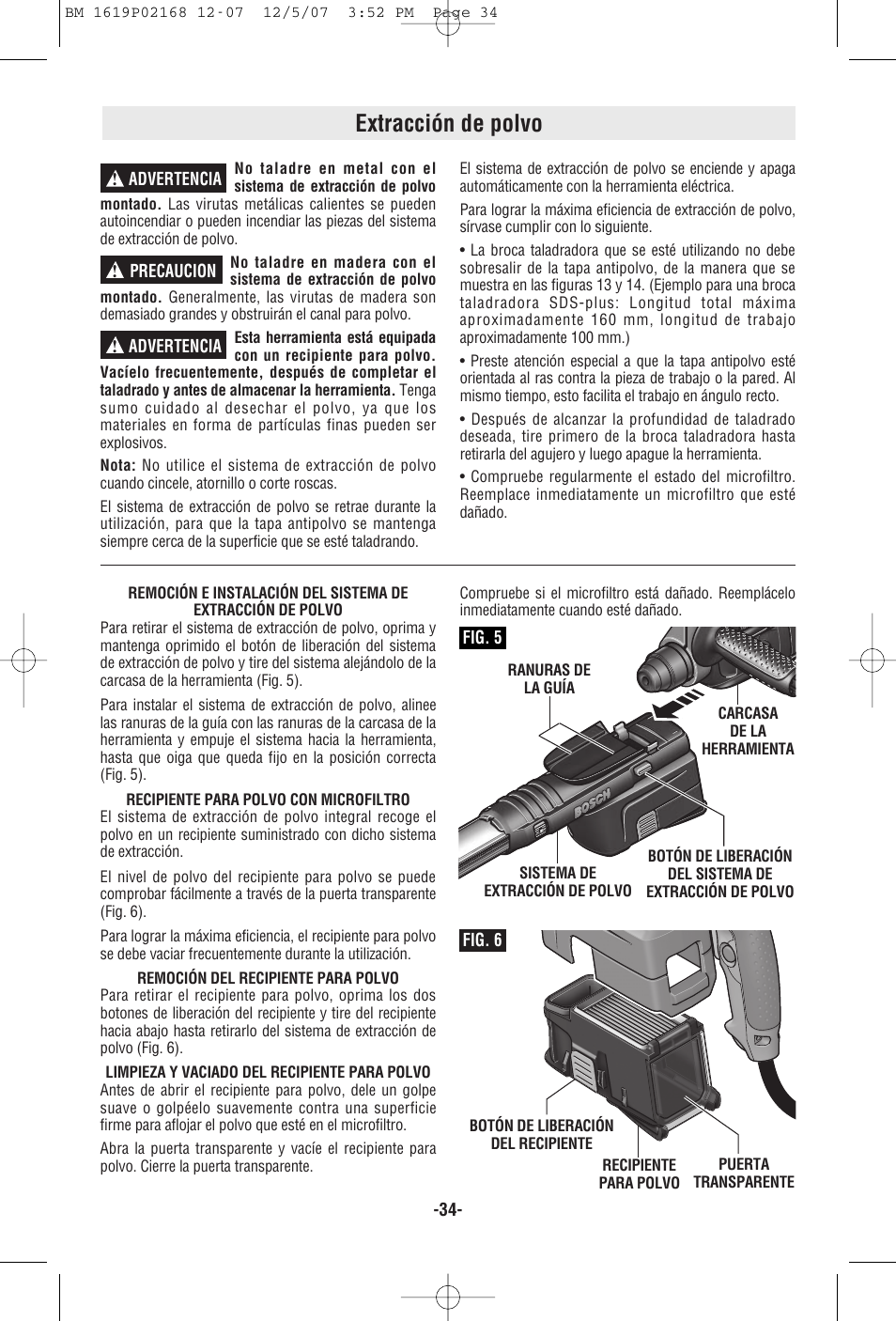 Extracción de polvo, Advertencia ! precaucion ! advertencia, Fig. 5 | Fig. 6 | Bosch 11250VSRD User Manual | Page 34 / 44