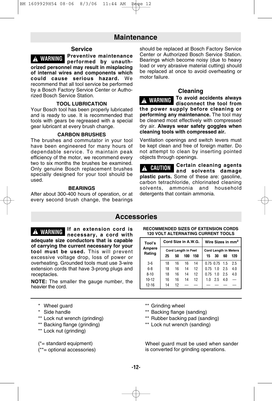 Maintenance, Accessories, Service | Cleaning, Warning, Caution | Bosch 1894-6 User Manual | Page 12 / 36