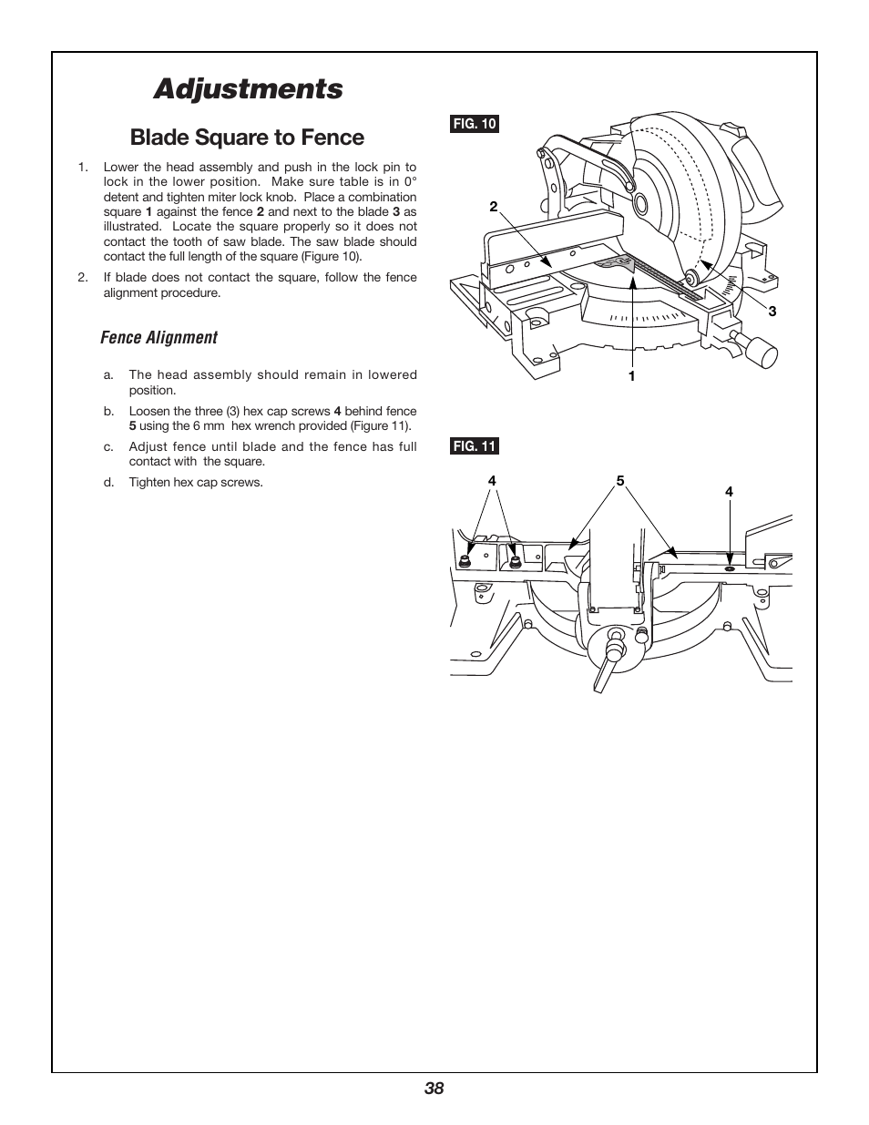 Adjustments, Blade square to fence | Bosch 3924B User Manual | Page 38 / 88