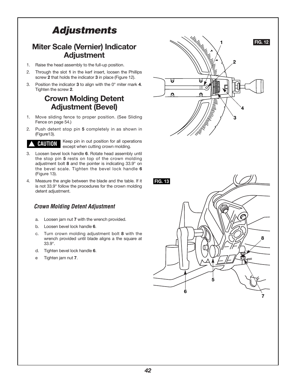 Adjustments, Miter scale (vernier) indicator adjustment, Crown molding detent adjustment (bevel) | Crown molding detent adjustment, Caution | Bosch 3924B User Manual | Page 42 / 88