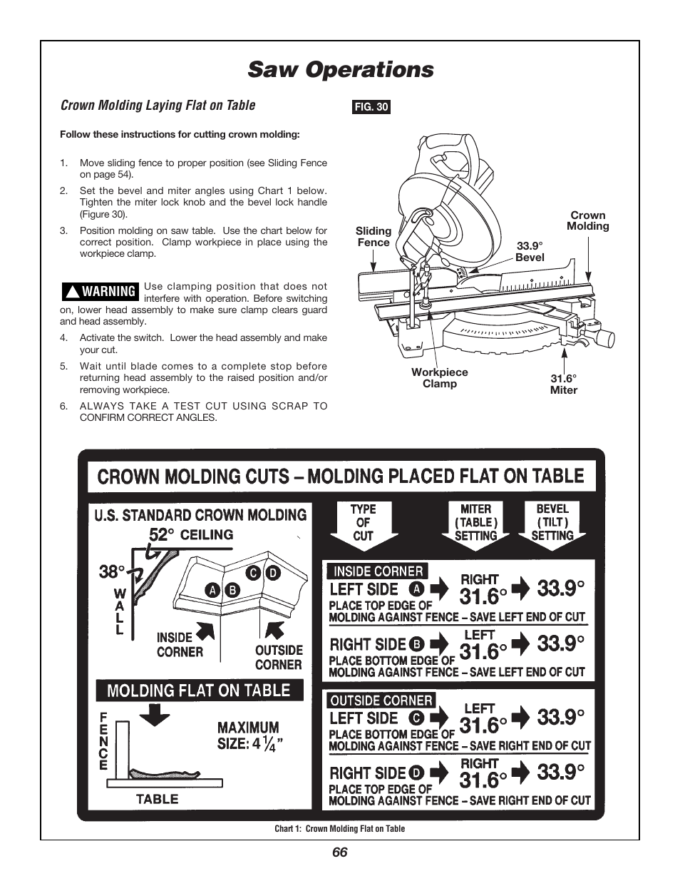 Saw operations, Crown molding laying flat on table | Bosch 3924B User Manual | Page 66 / 88
