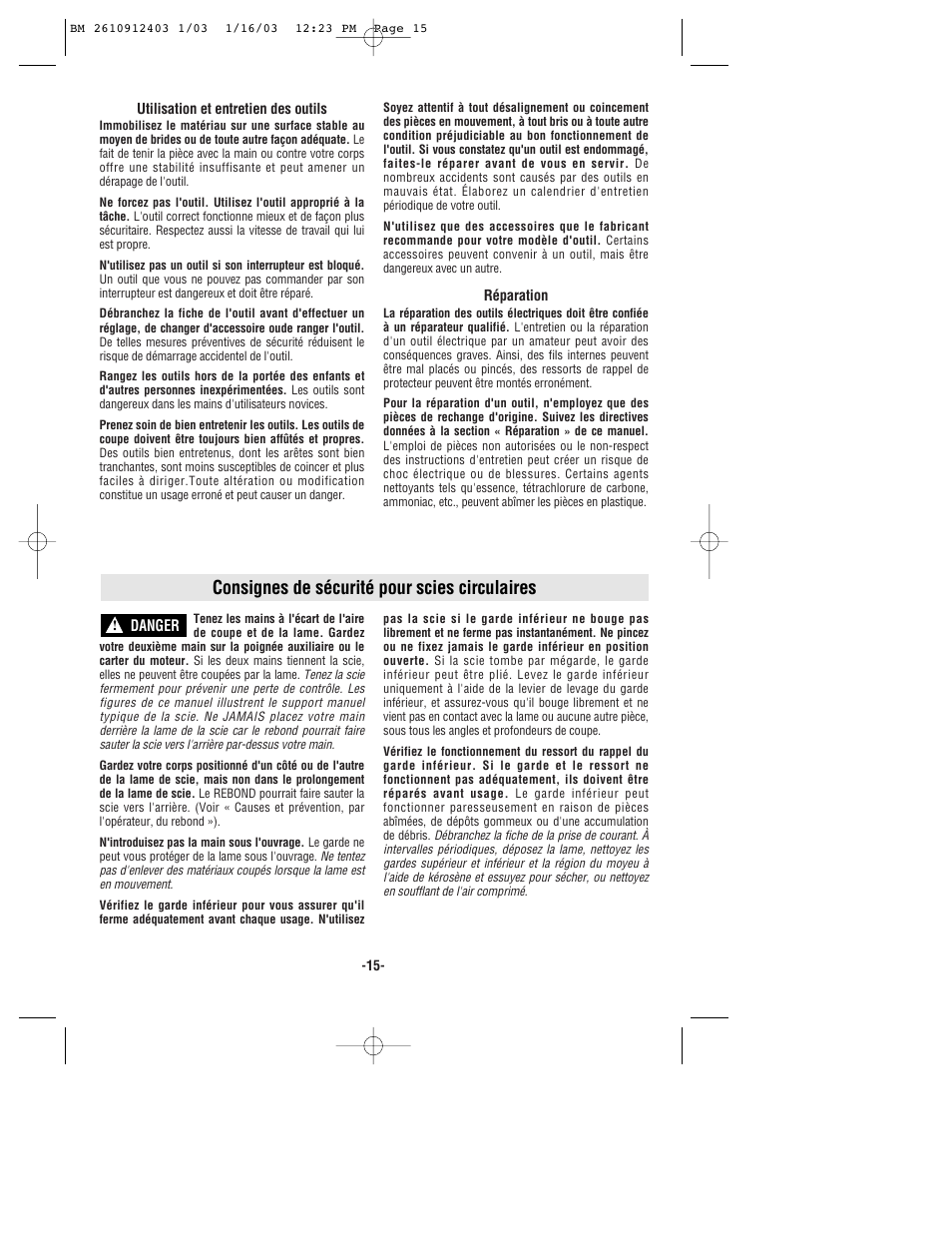 Consignes de sécurité pour scies circulaires | Bosch 1678 User Manual | Page 15 / 40
