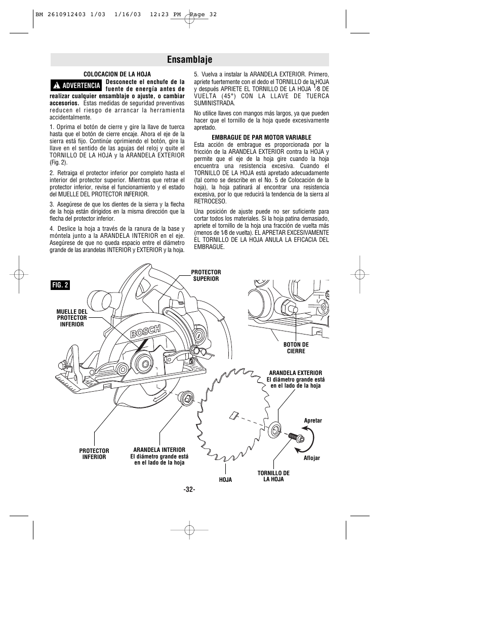 Ensamblaje | Bosch 1678 User Manual | Page 32 / 40