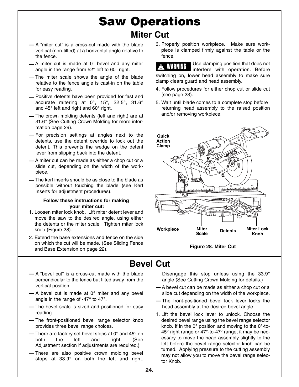 Saw operations, Miter cut bevel cut, Warning | Bosch 4412 User Manual | Page 24 / 104