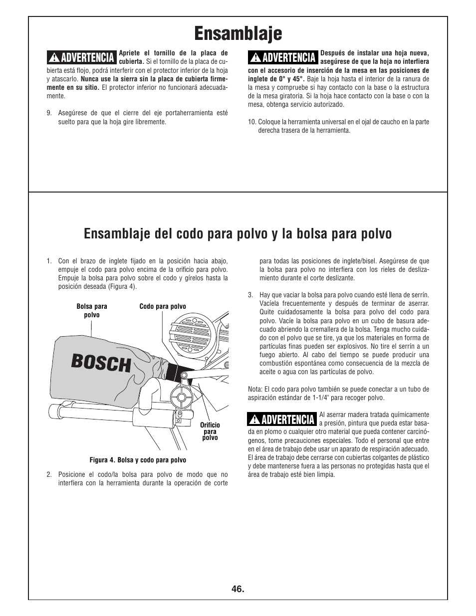 Ensamblaje, Advertencia | Bosch 4412 User Manual | Page 46 / 104