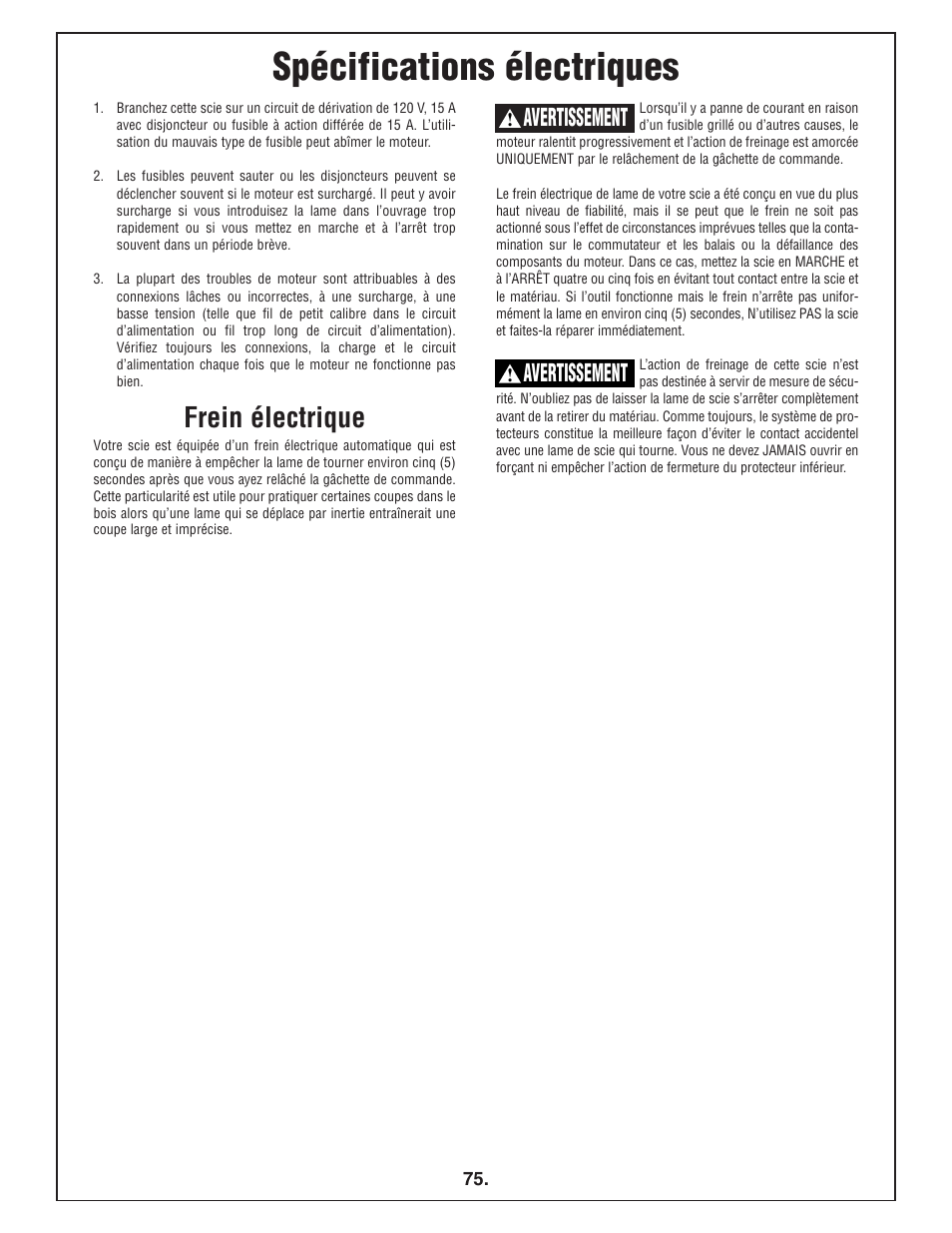 Spécifications électriques, Frein électrique, Avertissement | Bosch 4412 User Manual | Page 75 / 104