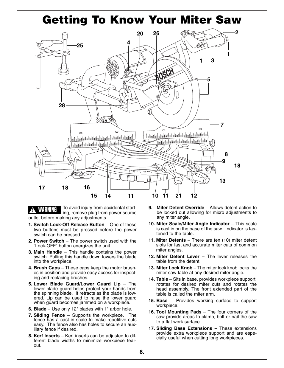 Getting to know your miter saw, Warning | Bosch 4412 User Manual | Page 8 / 104