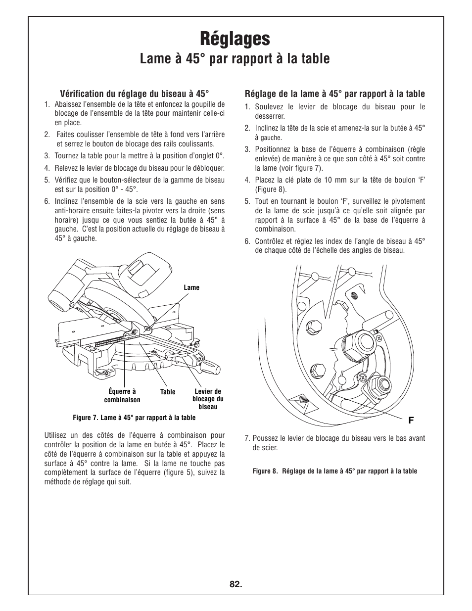 Réglages, Lame à 45° par rapport à la table | Bosch 4412 User Manual | Page 82 / 104