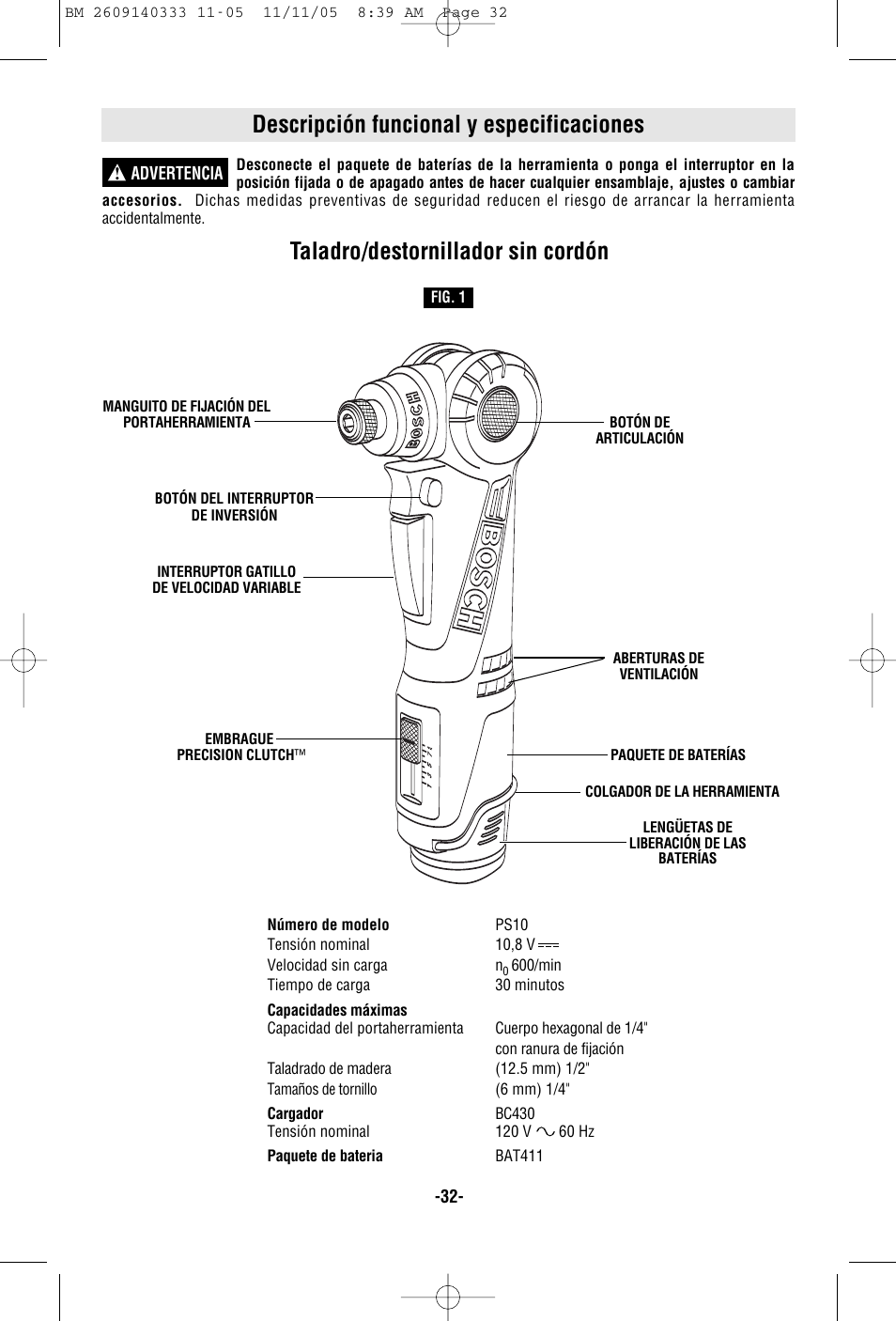 Descripción funcional y especificaciones, Taladro/destornillador sin cordón | Bosch PS10 User Manual | Page 32 / 40