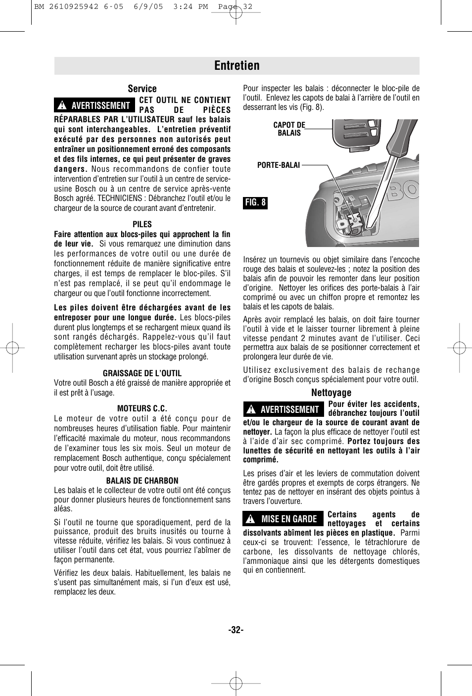 Entretien | Bosch 33614 User Manual | Page 32 / 52