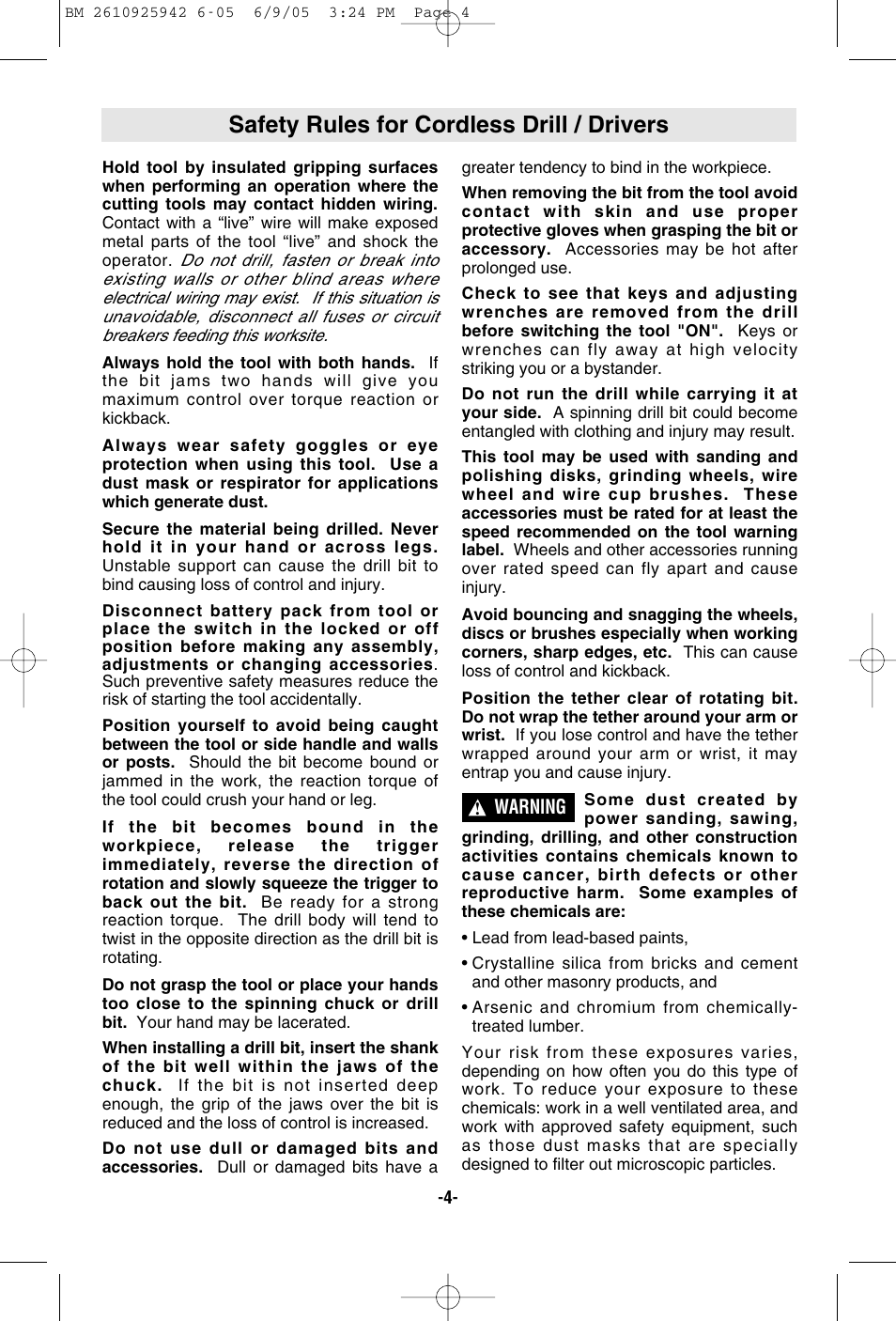 Safety rules for cordless drill / drivers | Bosch 33614 User Manual | Page 4 / 52