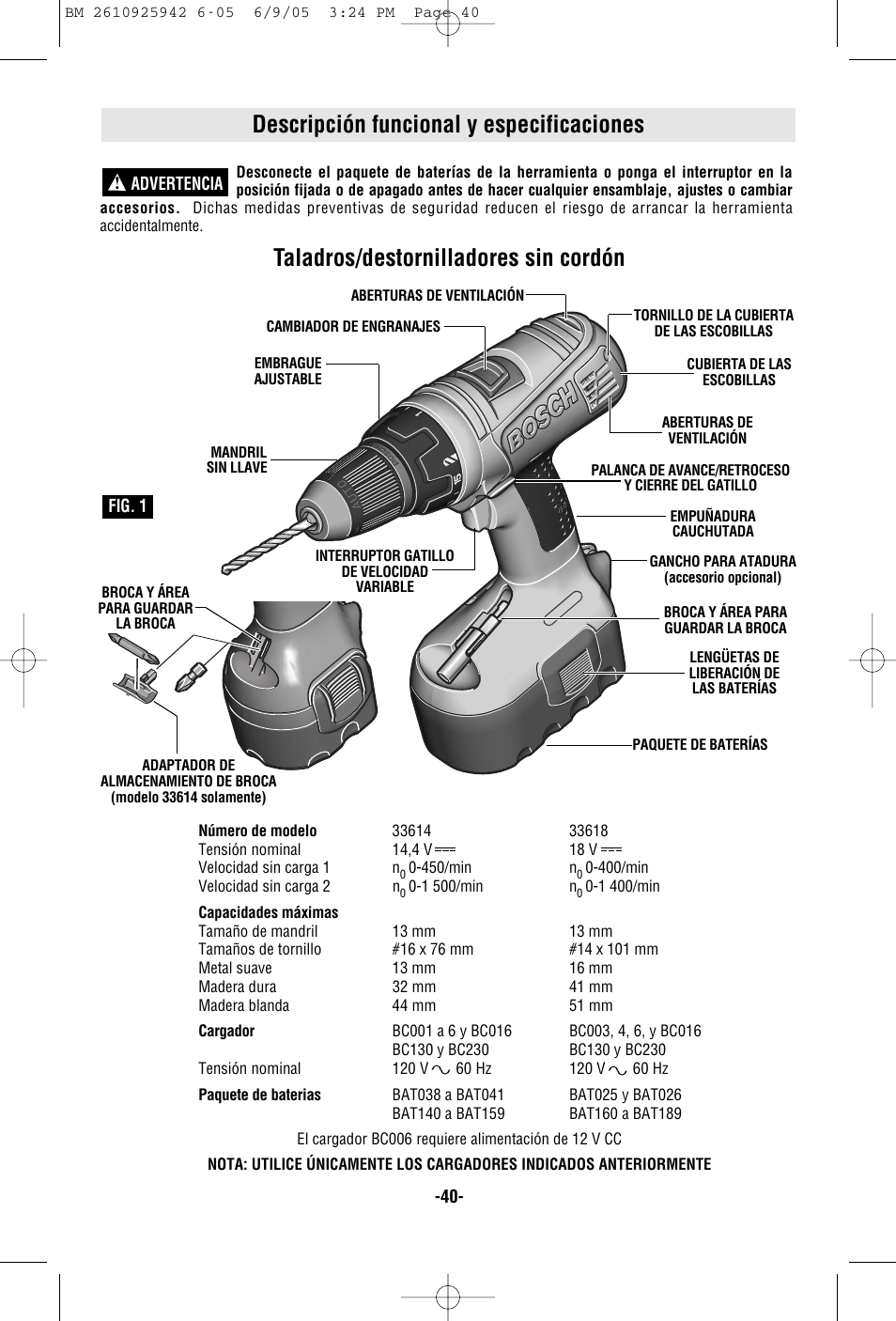 Descripción funcional y especificaciones, Taladros/destornilladores sin cordón | Bosch 33614 User Manual | Page 40 / 52