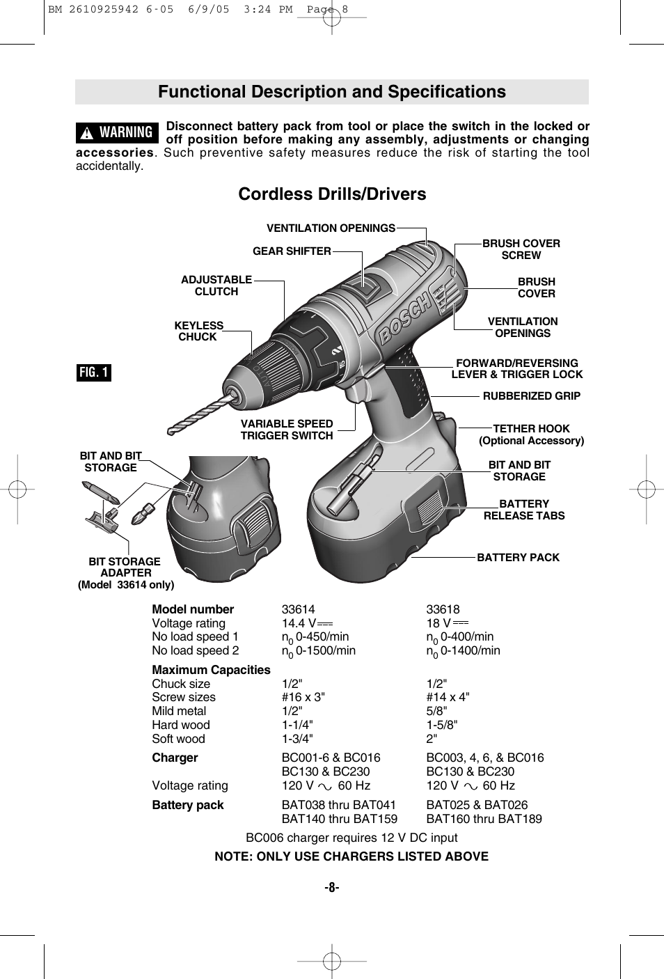 Functional description and specifications, Cordless drills/drivers, Warning | Bosch 33614 User Manual | Page 8 / 52