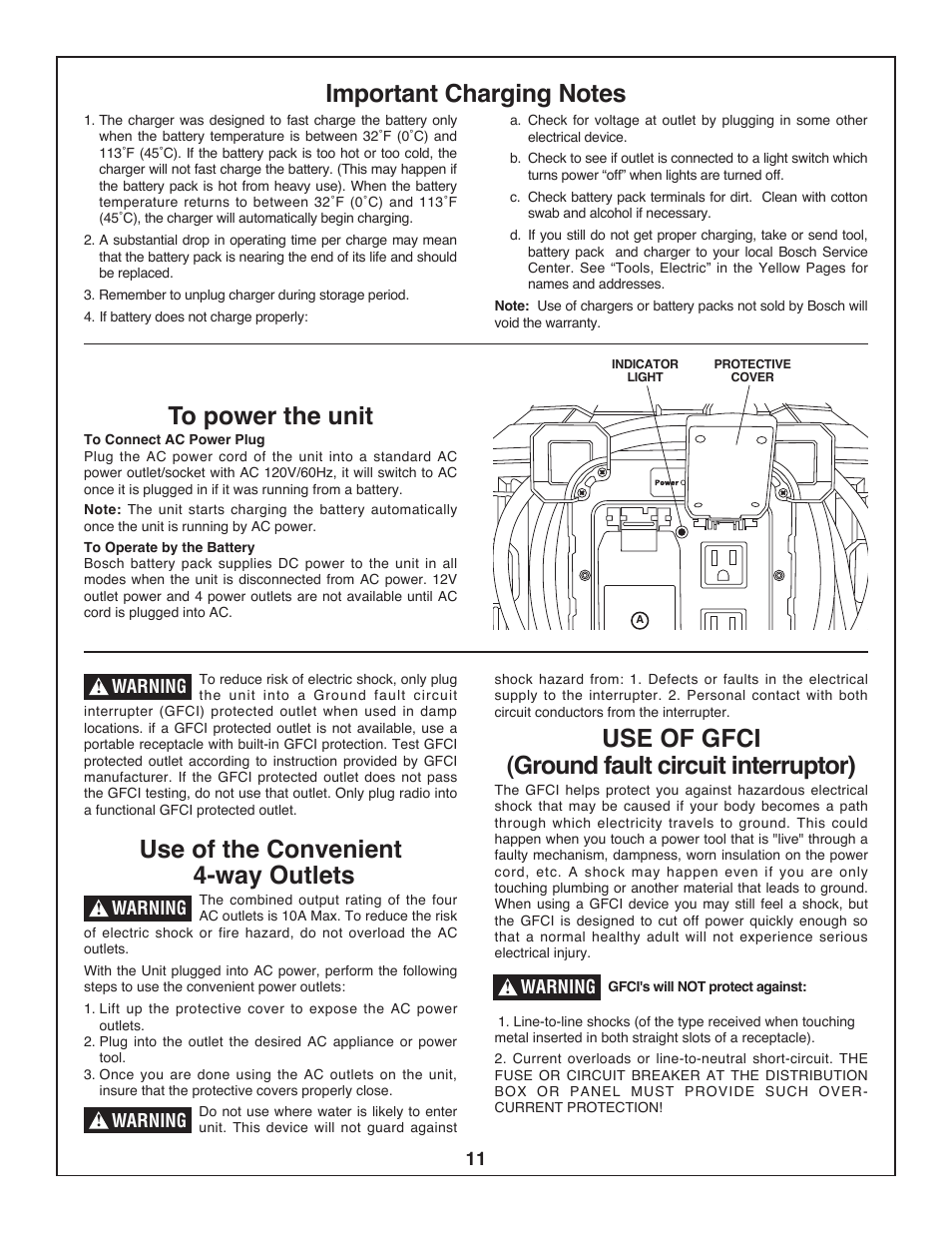 Use of the convenient 4-way outlets, Use of gfci (ground fault circuit interruptor) | Bosch BOSCH PB360S User Manual | Page 11 / 40