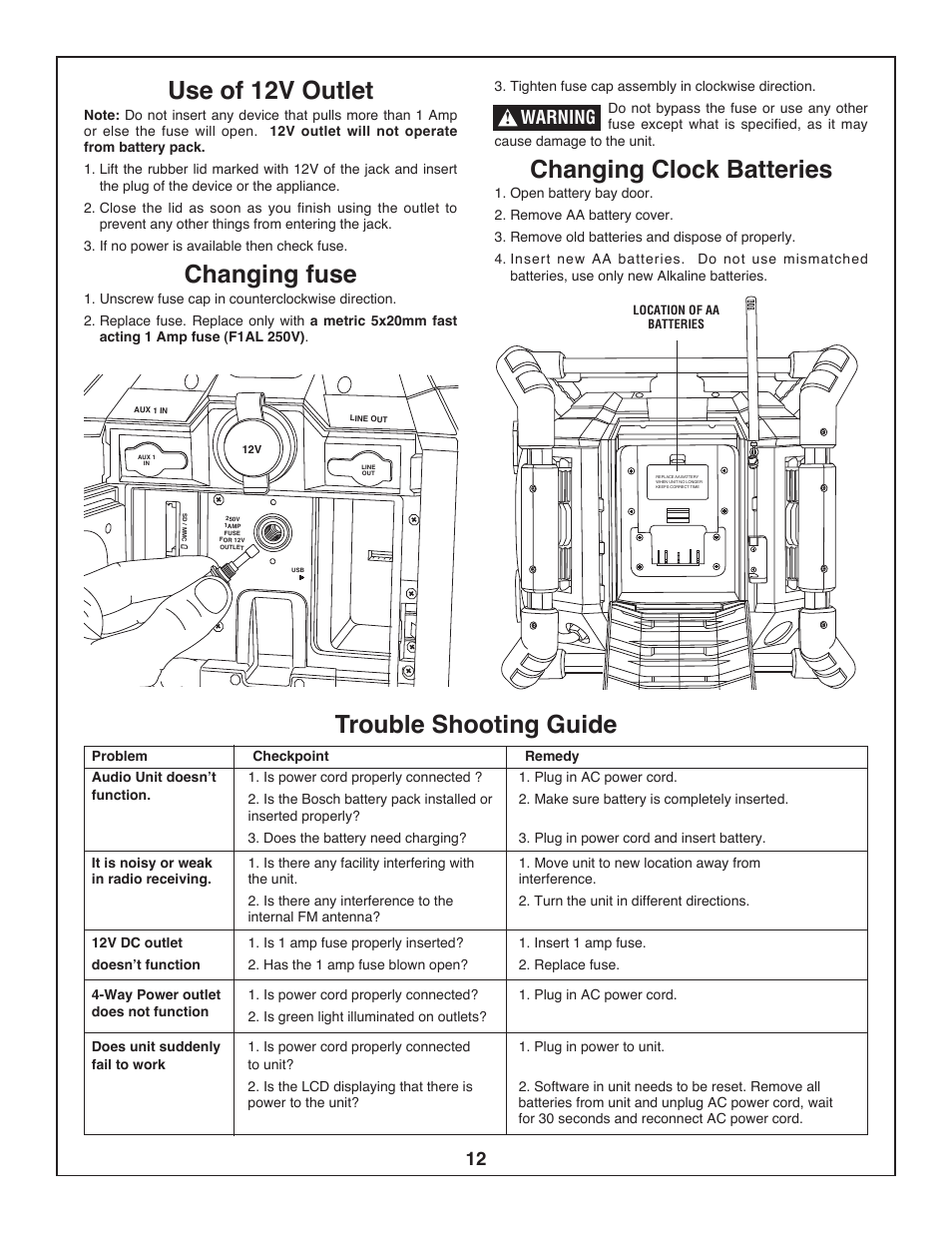 Use of 12v outlet, Changing fuse, Changing clock batteries | Trouble shooting guide, Warning | Bosch BOSCH PB360S User Manual | Page 12 / 40