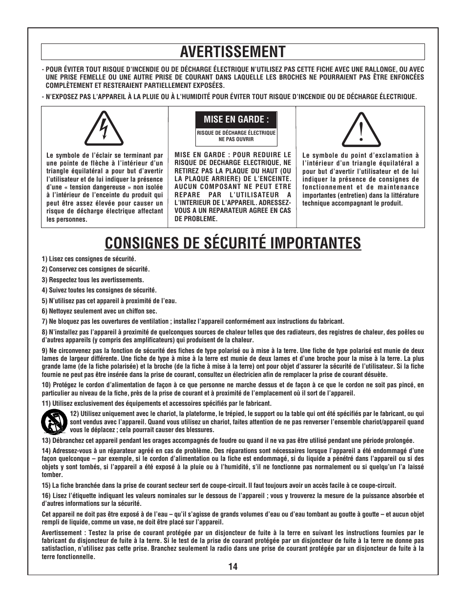 Consignes de sécurité importantes avertissement, Mise en garde : 14 | Bosch BOSCH PB360S User Manual | Page 14 / 40