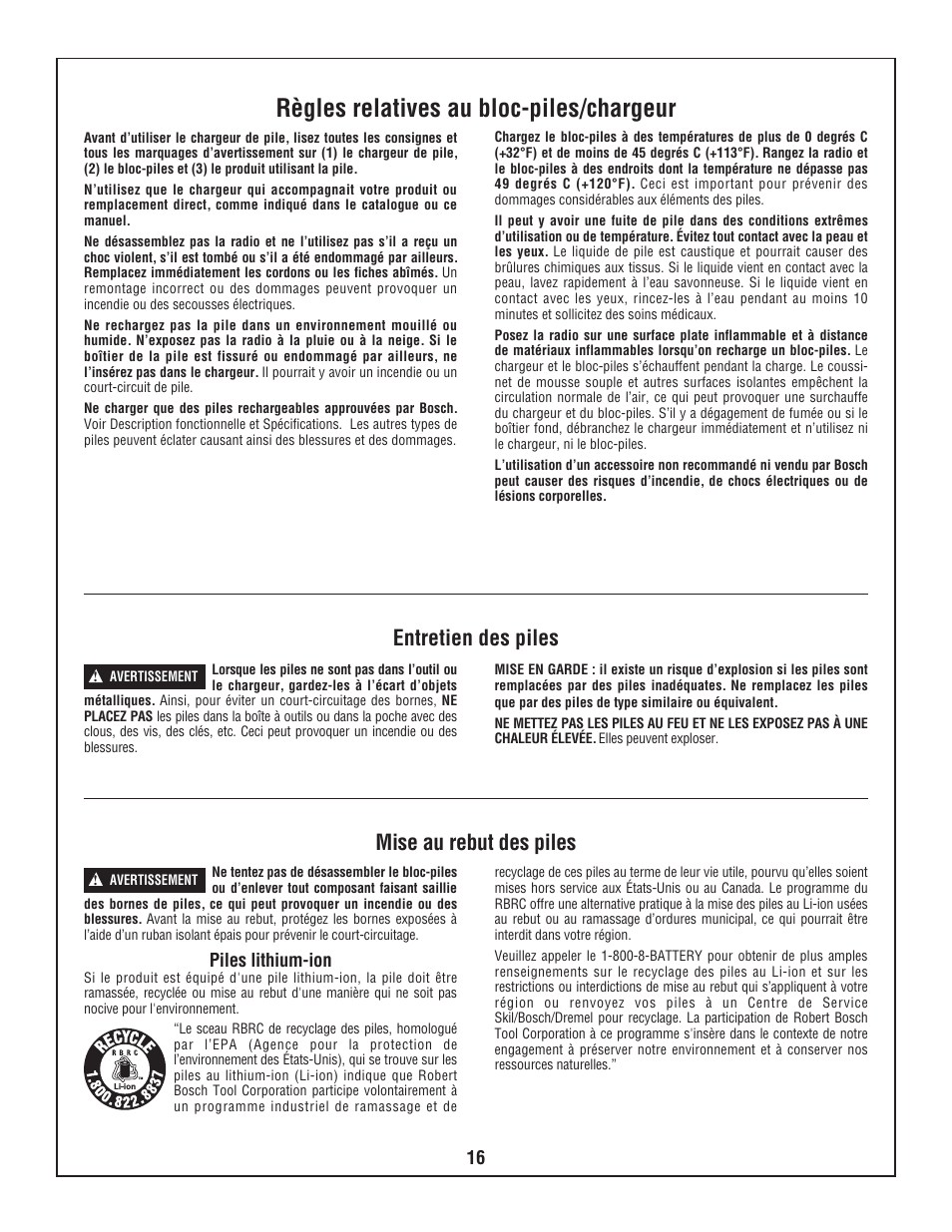 Règles relatives au bloc-piles/chargeur, Entretien des piles mise au rebut des piles | Bosch BOSCH PB360S User Manual | Page 16 / 40