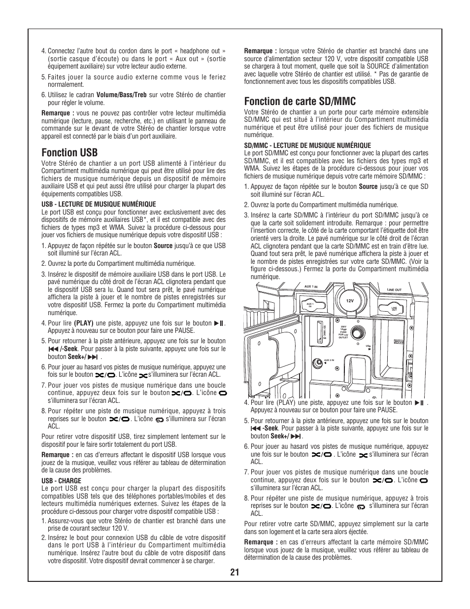 Fonction usb, Fonction de carte sd/mmc | Bosch BOSCH PB360S User Manual | Page 21 / 40