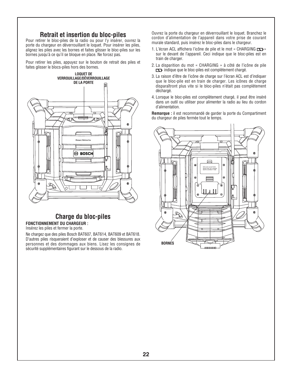 Retrait et insertion du bloc-piles, Charge du bloc-piles | Bosch BOSCH PB360S User Manual | Page 22 / 40