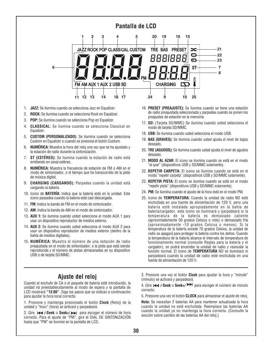 Pantalla de lcd ajuste del reloj | Bosch BOSCH PB360S User Manual | Page 30 / 40