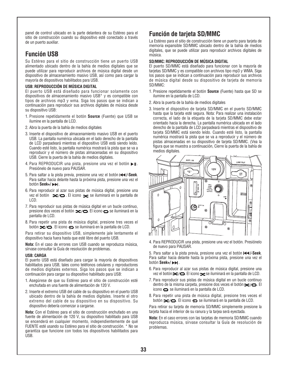 Función usb, Función de tarjeta sd/mmc | Bosch BOSCH PB360S User Manual | Page 33 / 40