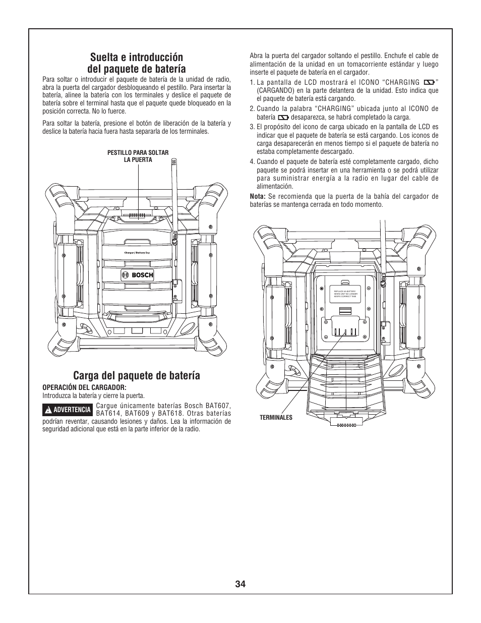 Suelta e introducción del paquete de batería, Carga del paquete de batería | Bosch BOSCH PB360S User Manual | Page 34 / 40