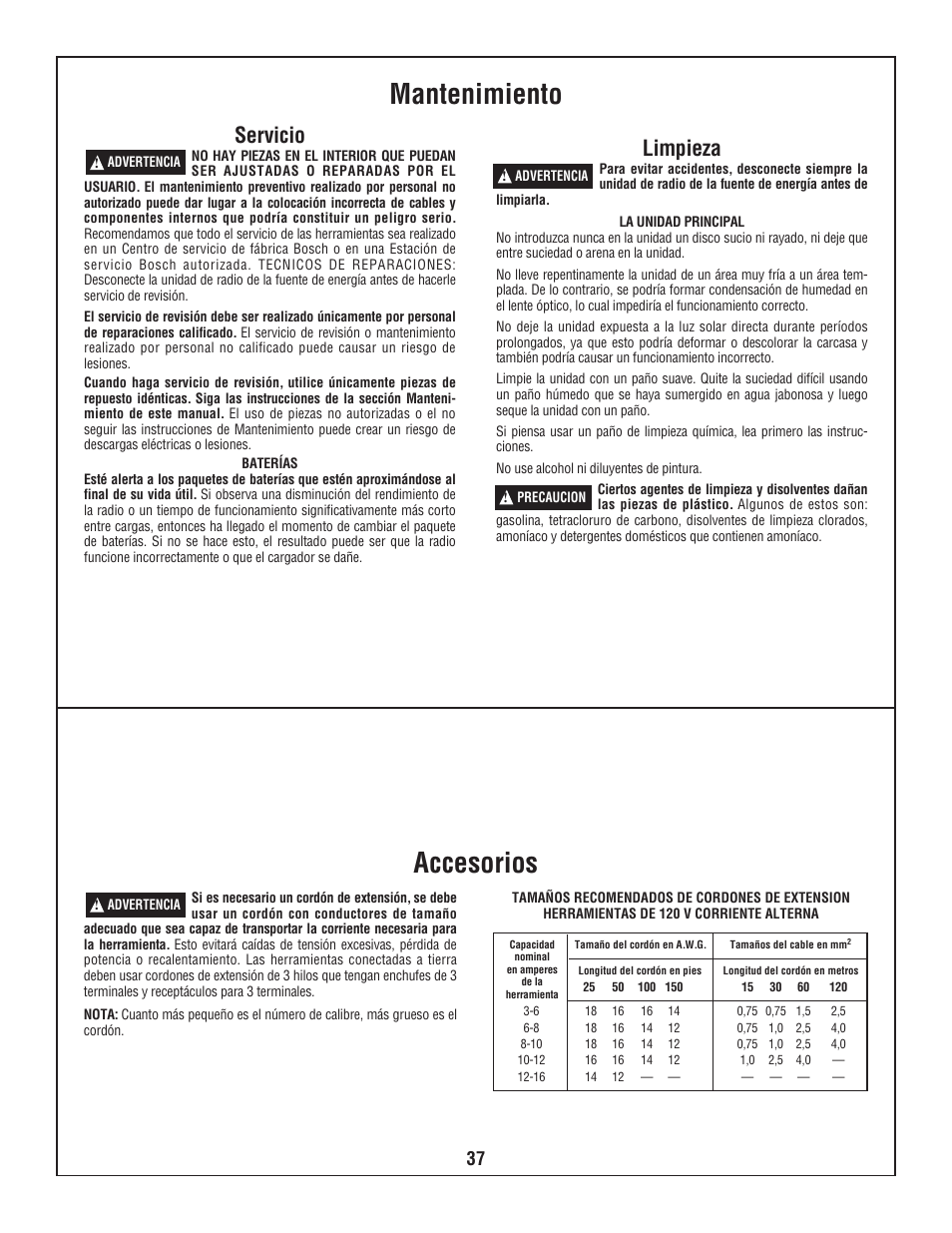 Mantenimiento accesorios, Servicio, Limpieza | Bosch BOSCH PB360S User Manual | Page 37 / 40