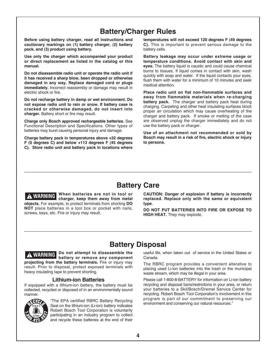 Battery/charger rules, Battery care battery disposal | Bosch BOSCH PB360S User Manual | Page 4 / 40