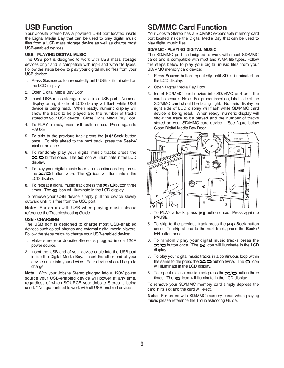 Usb function, Sd/mmc card function | Bosch BOSCH PB360S User Manual | Page 9 / 40
