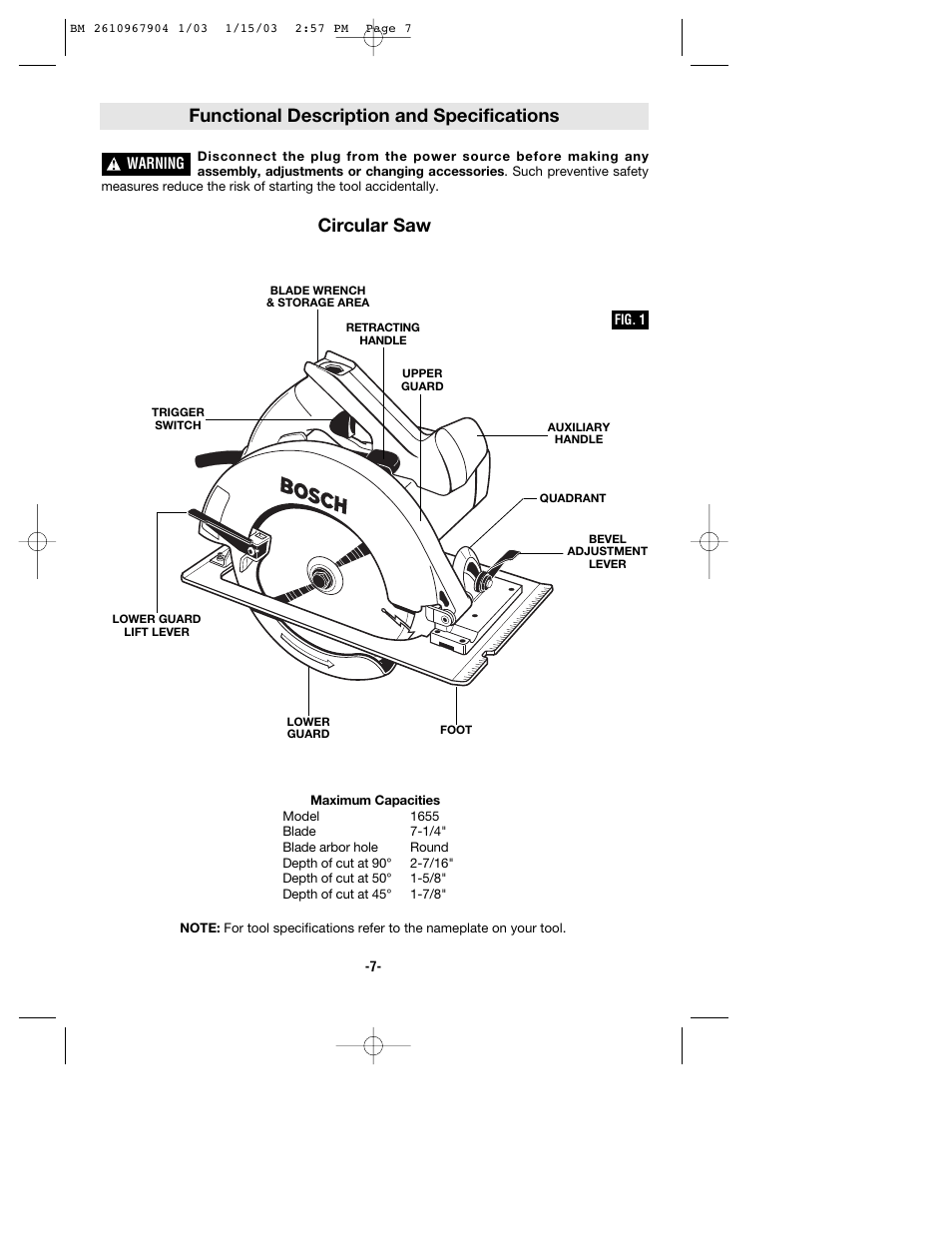 Functional description and specifications, Circular saw | Bosch 1655 User Manual | Page 7 / 36