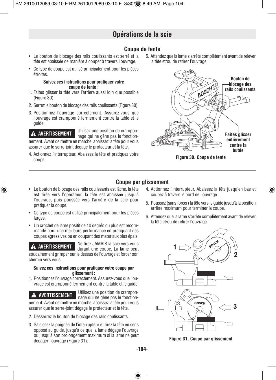 Opérations de la scie, Coupe de fente, Coupe par glissement | Bosch 4310 User Manual | Page 104 / 120