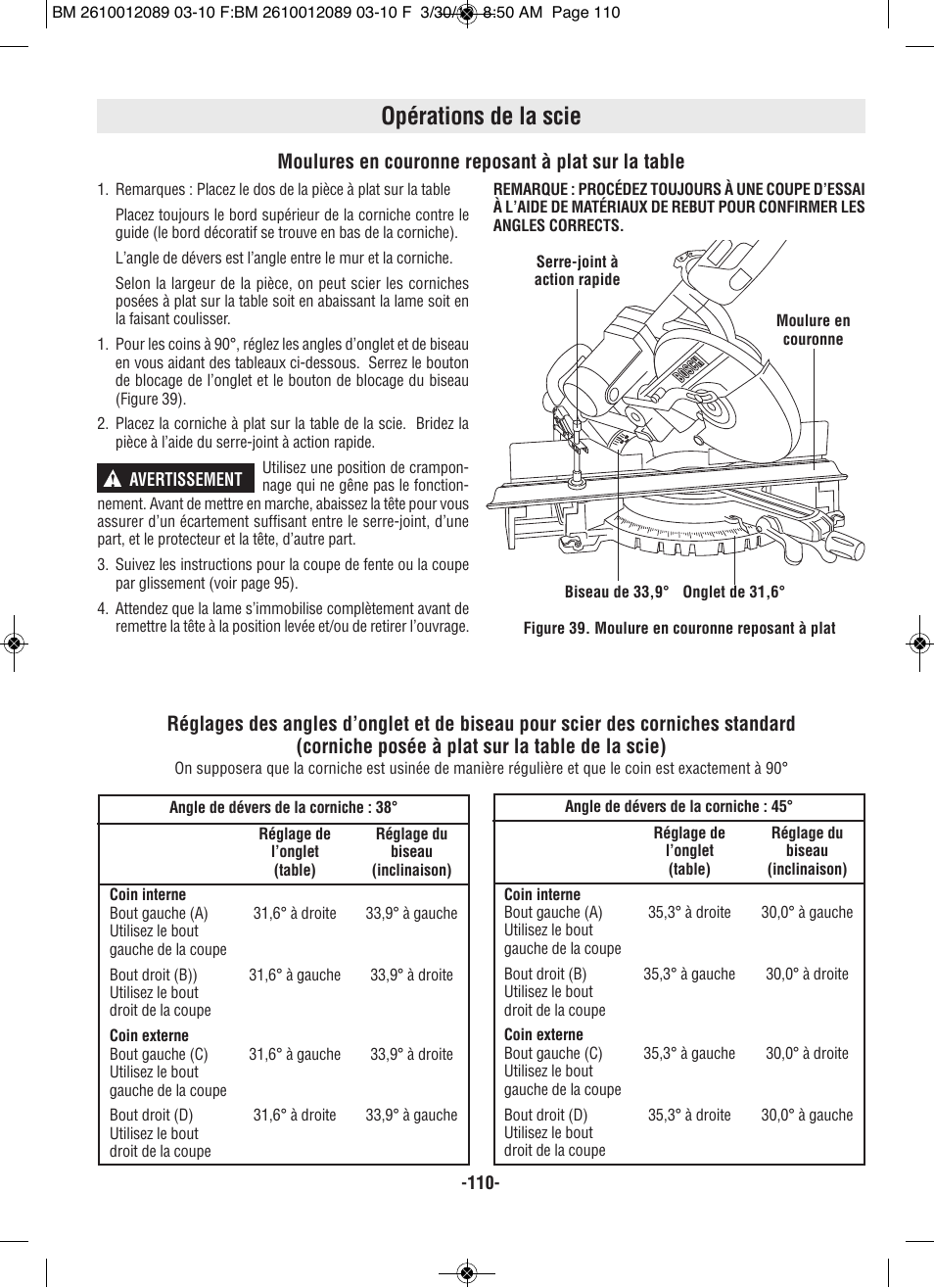 Opérations de la scie, Moulures en couronne reposant à plat sur la table | Bosch 4310 User Manual | Page 110 / 120