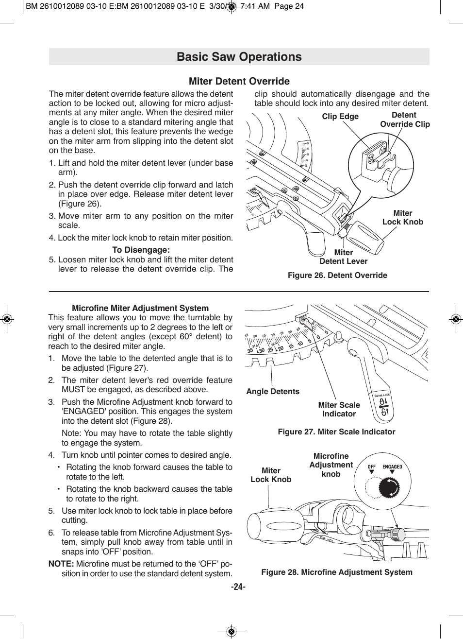 Basic saw operations, Miter detent override | Bosch 4310 User Manual | Page 24 / 120