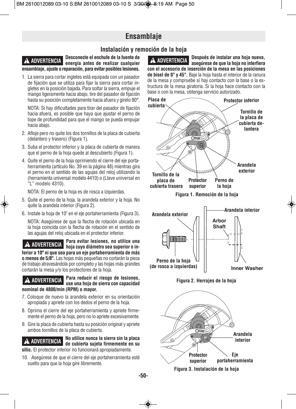 Ensamblaje, Instalación y remoción de la hoja | Bosch 4310 User Manual | Page 50 / 120