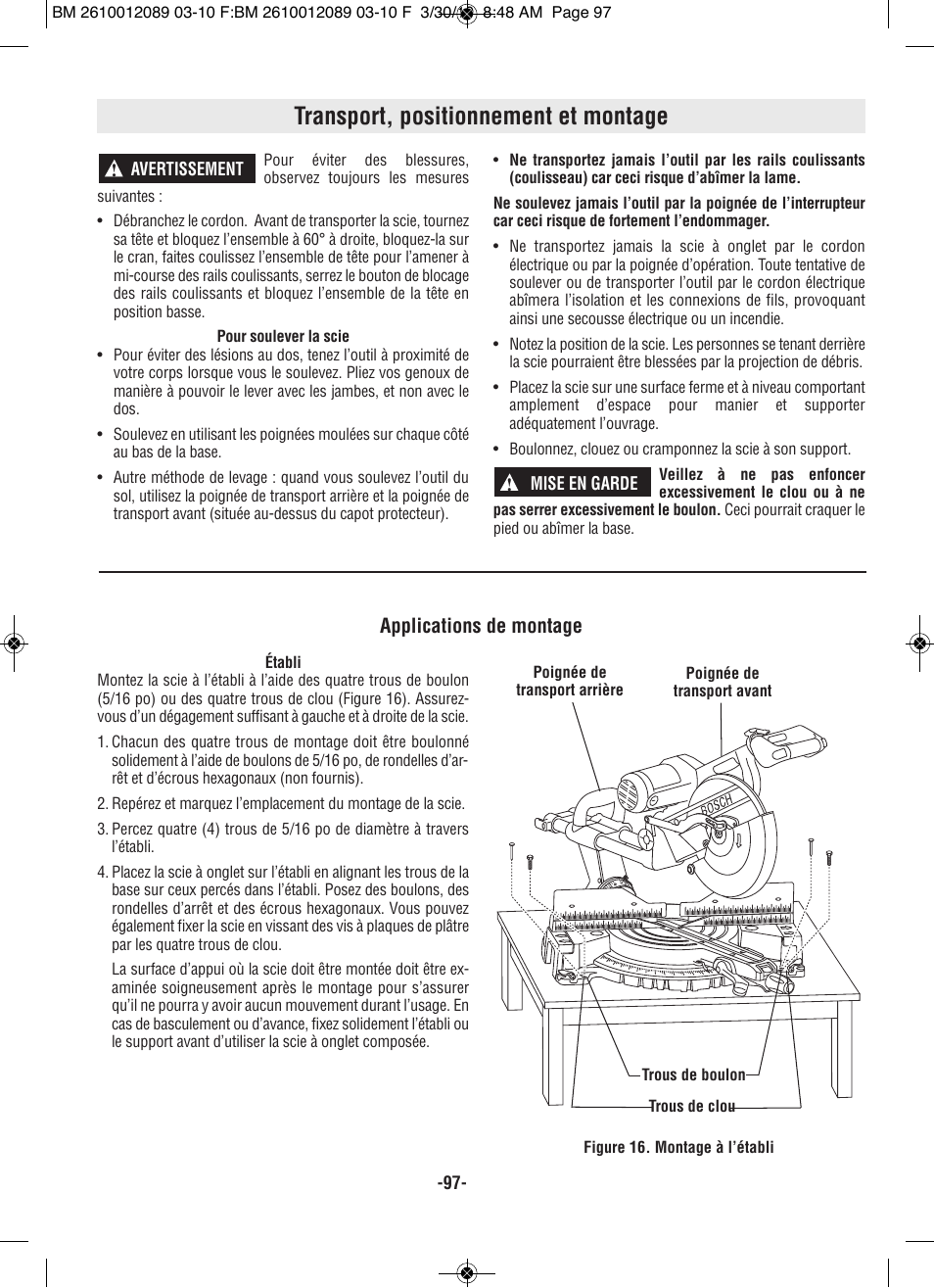 Transport, positionnement et montage, Applications de montage | Bosch 4310 User Manual | Page 97 / 120