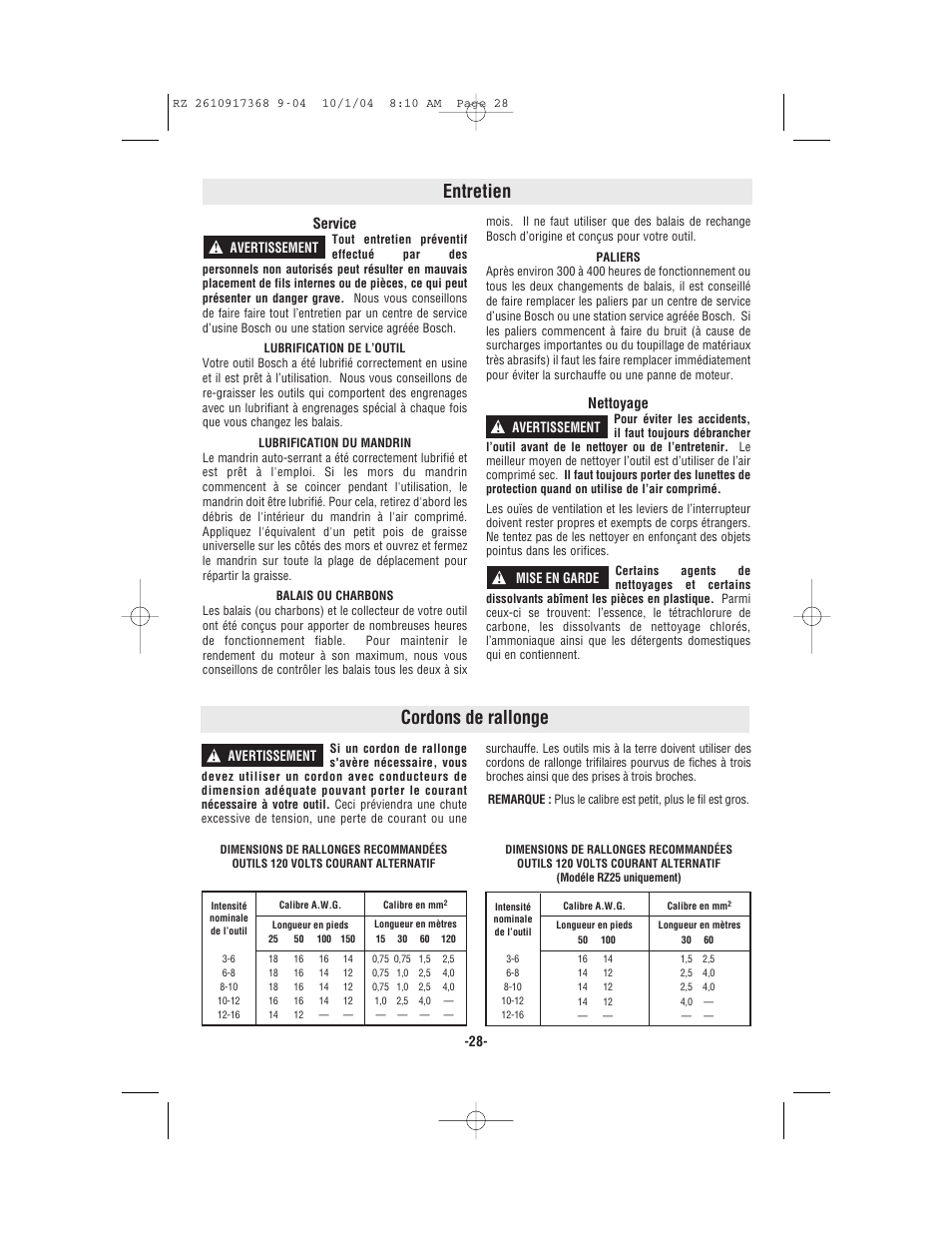 Cordons de rallonge, Entretien | Bosch RZ25 User Manual | Page 28 / 44