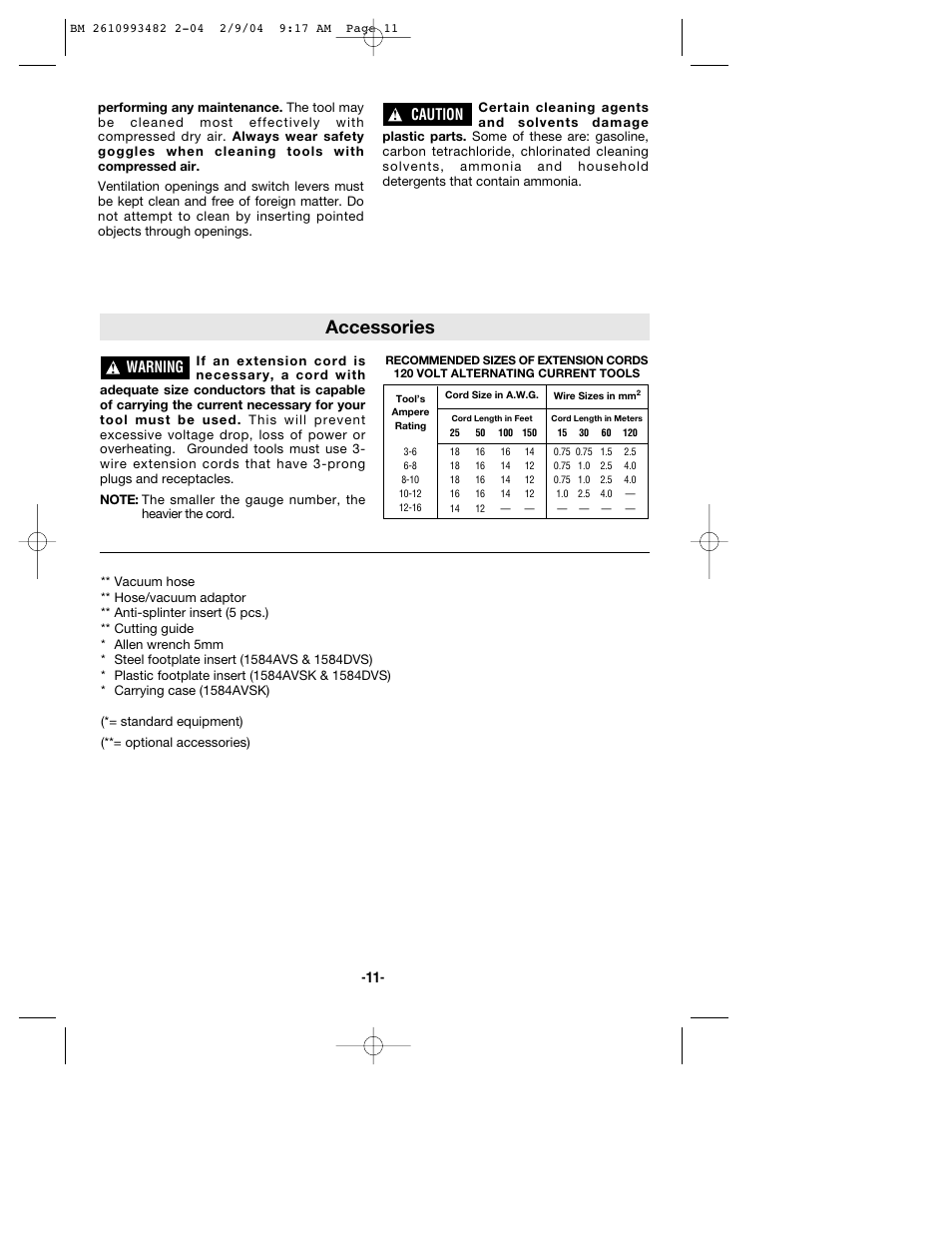 Accessories, Warning, Caution | Bosch 1584VS User Manual | Page 11 / 32