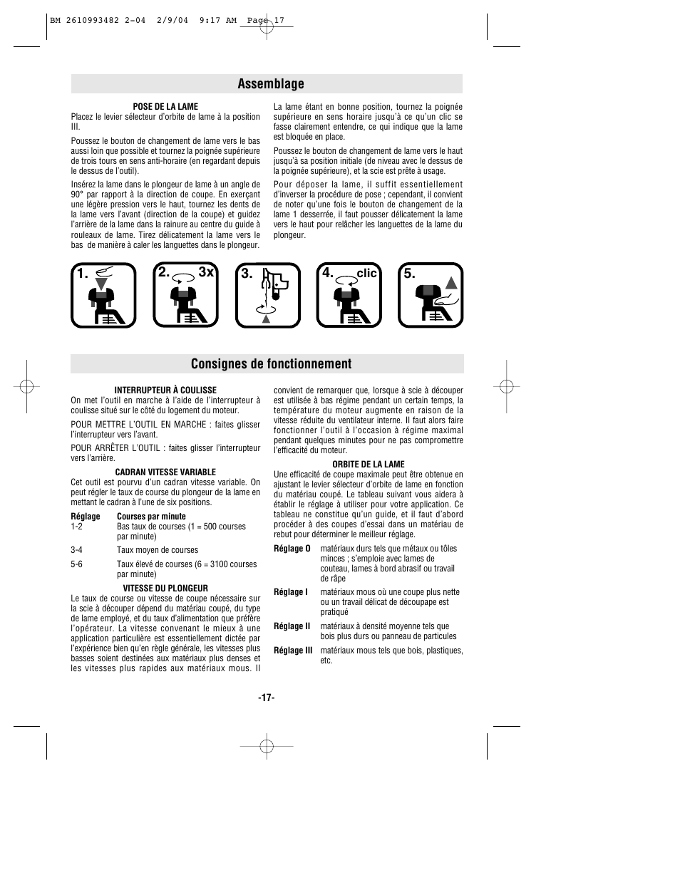 2. 3x 3. 4, Assemblage, Consignes de fonctionnement | Clic | Bosch 1584VS User Manual | Page 17 / 32