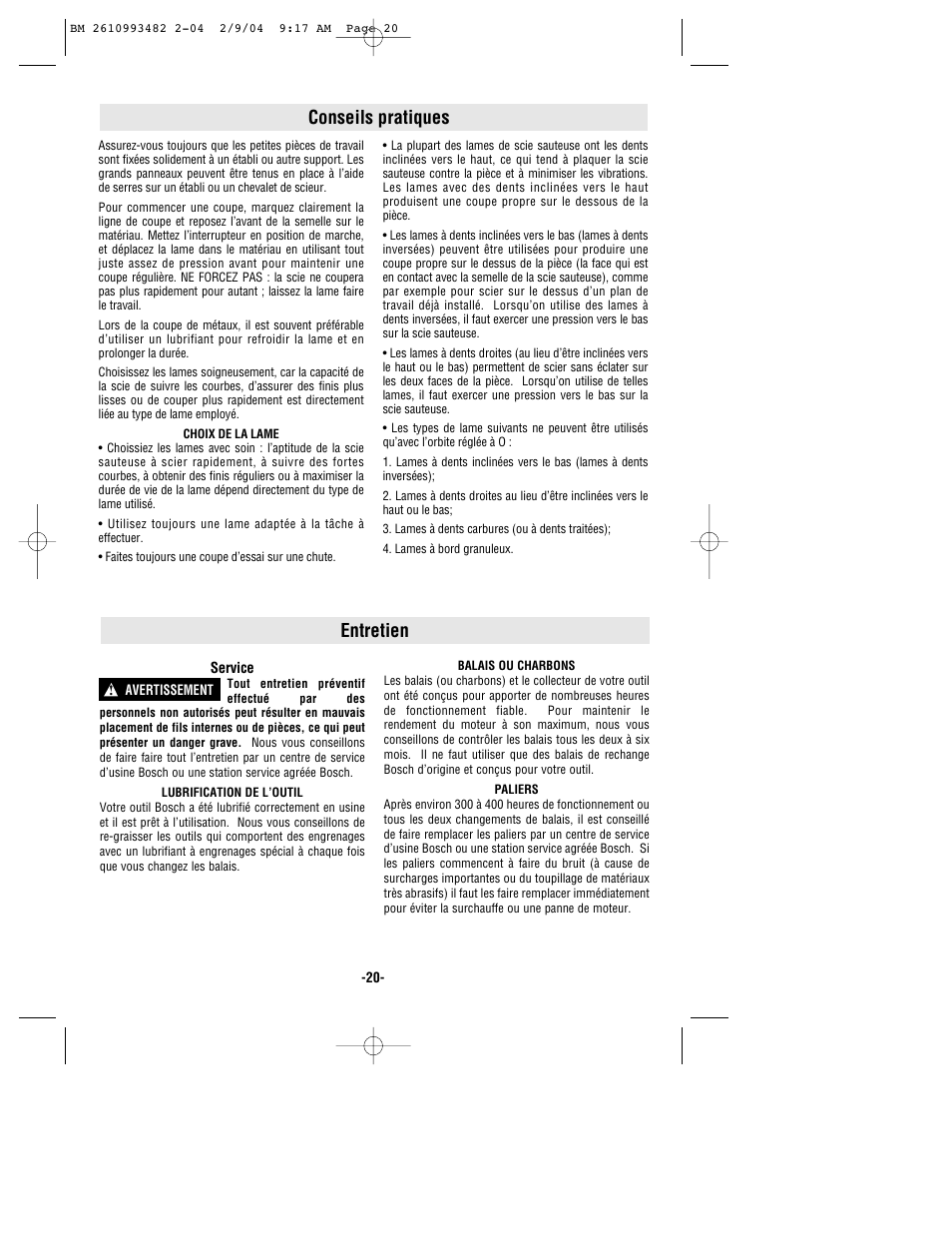 Entretien, Conseils pratiques | Bosch 1584VS User Manual | Page 20 / 32