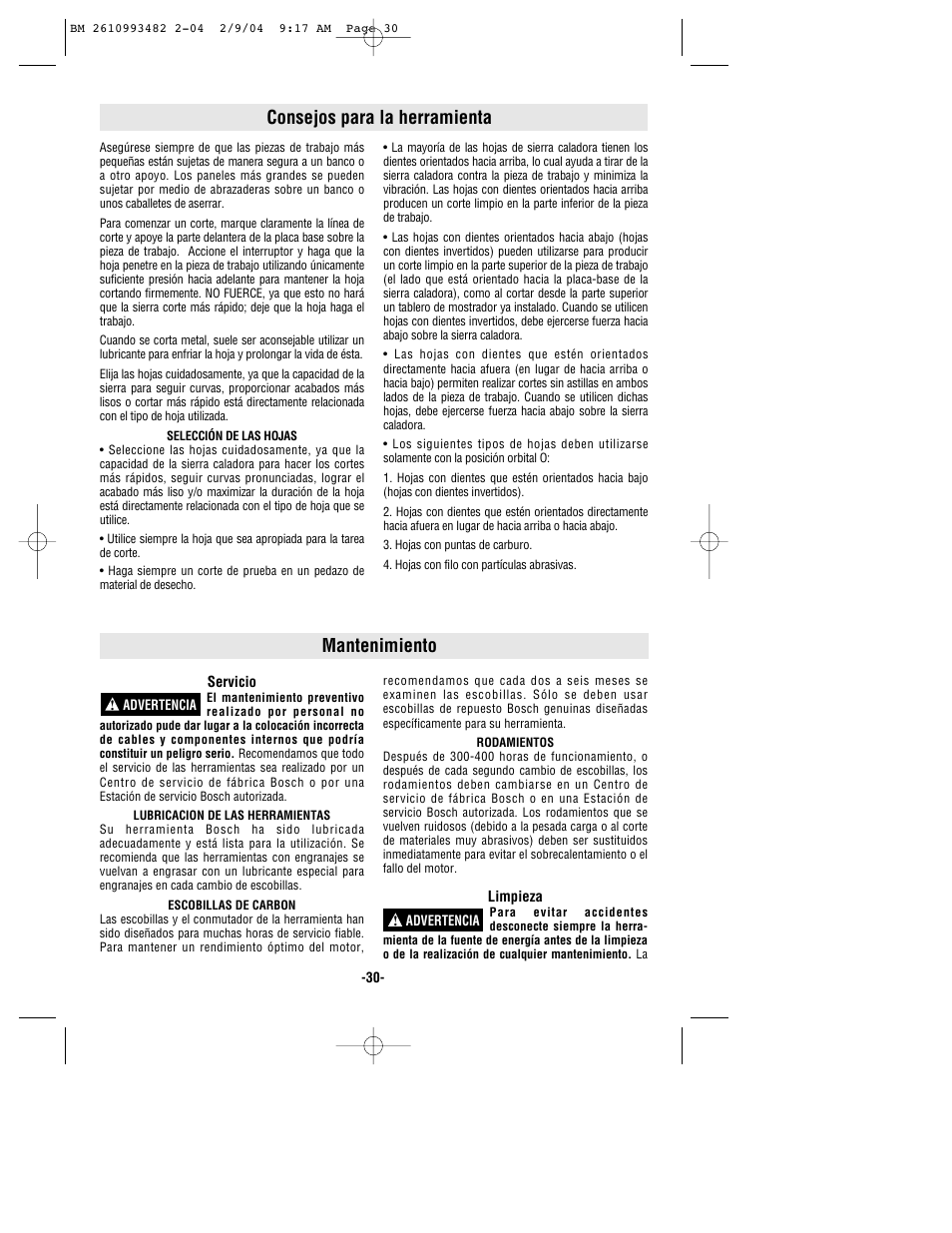 Mantenimiento, Consejos para la herramienta | Bosch 1584VS User Manual | Page 30 / 32