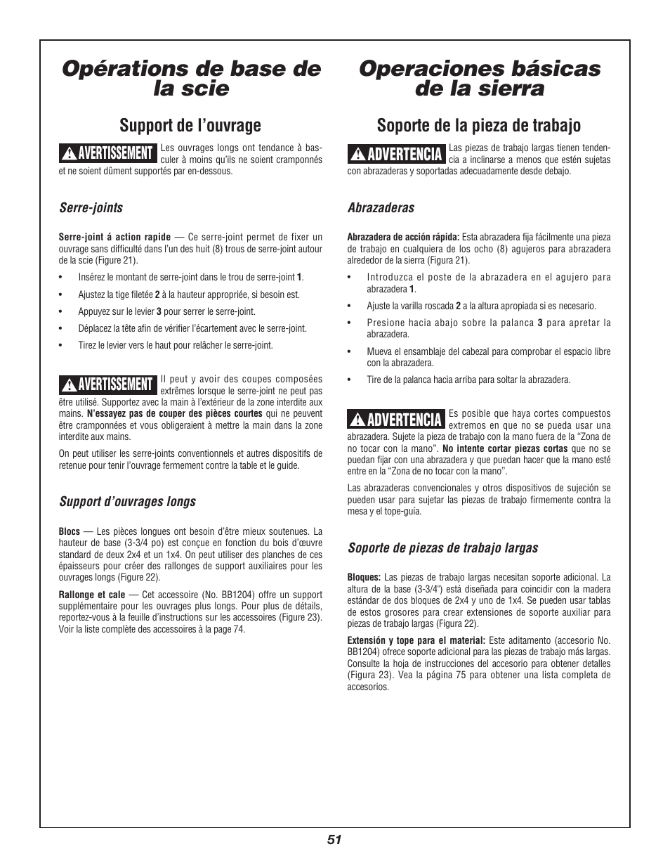 Opérations de base de la scie, Operaciones básicas de la sierra, Support de l’ouvrage | Avertissement, Soporte de la pieza de trabajo, Advertencia | Bosch 3912 User Manual | Page 51 / 84