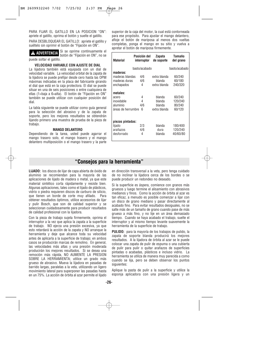 Consejos para la herramienta | Bosch 3107DVS User Manual | Page 26 / 32