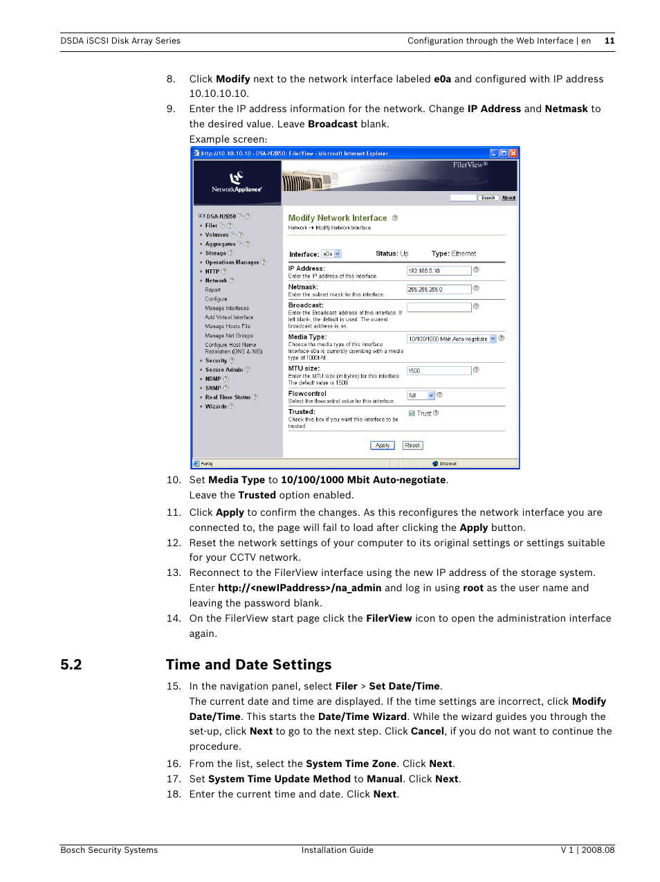 2 time and date settings, Time and date settings | Bosch DSDA ISCSI DISK ARRAY SERIES DSA-S5B50 User Manual | Page 13 / 40